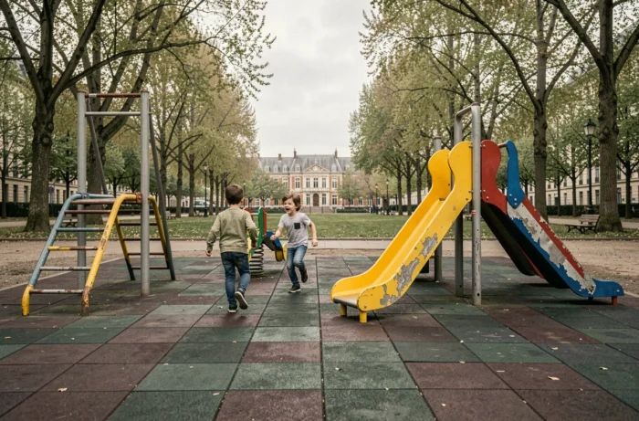 Deux garçons courant vers des jeux en métal colorés dans un parc de jeux gratuit à Arras