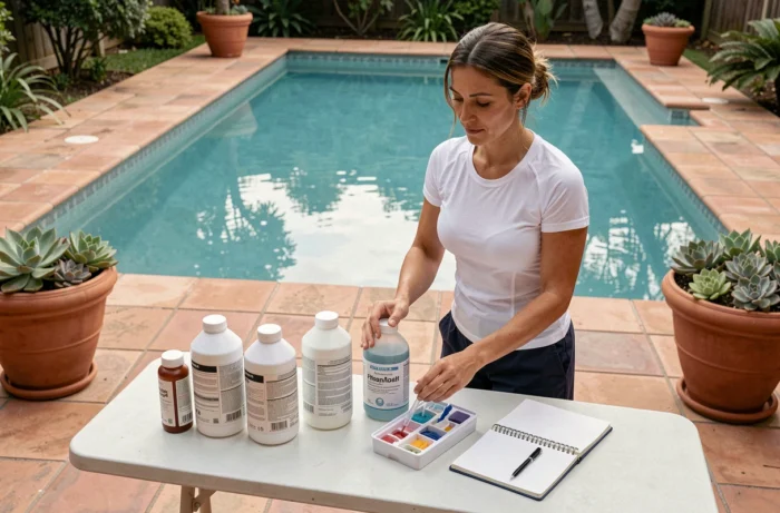 Femme organisant des produits chimiques et un kit de test professionnel pour réguler le stabilisant de piscine