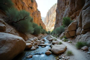 Sentier rocheux entre les falaises calcaires imposantes des Gorges de Samaria en Crète, avec un ruisseau traversant des galets lisses
