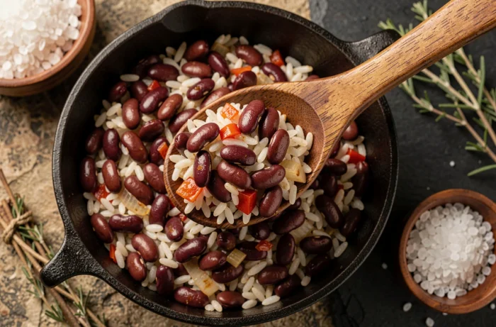 Gros plan d'une cuillère en bois plongeant dans une cocotte de riz et haricots rouges