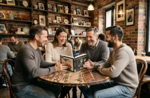 Groupe d'adultes riant ensemble autour d'un livre d'humour noir dans un café parisien vintage
