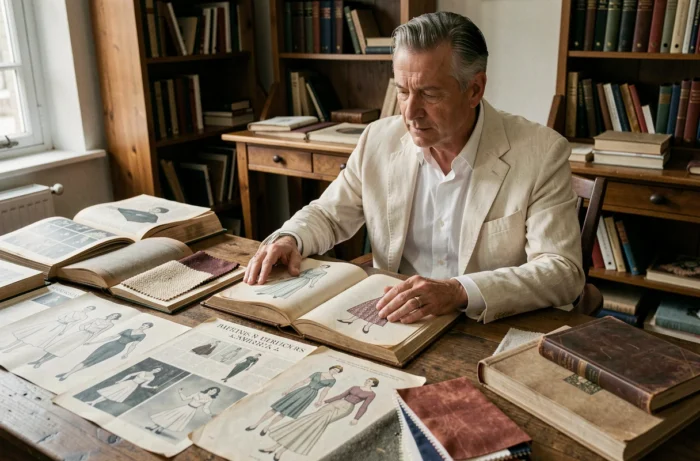 Historien de la mode masculin étudiant des archives de vêtements vintage et des croquis de différentes époques sur une table de travail