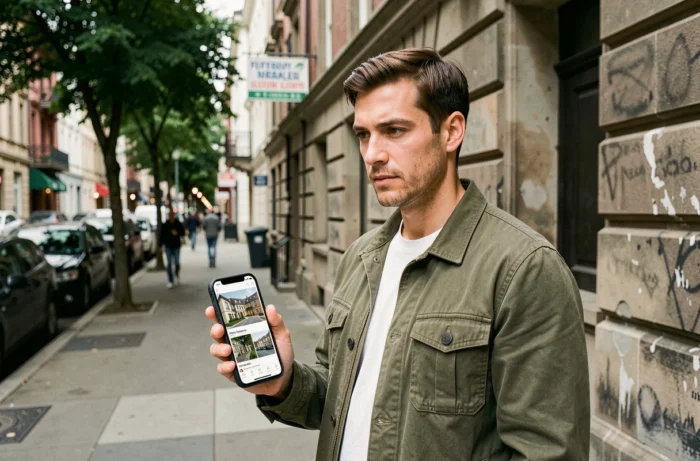 Homme consultant une application d'annonces immobilières sur smartphone devant un immeuble résidentiel en ville
