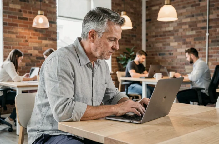 Homme consultant les pages d'un site immobilier sur un ordinateur portable dans un espace de coworking
