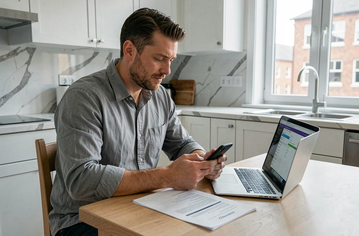 Homme consultant un document de crédit et écrivant à Cetelem par email depuis sa cuisine avec smartphone et ordinateur