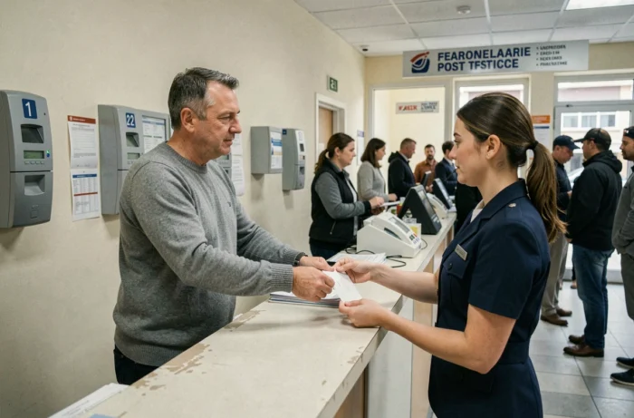 Homme déposant un courrier administratif à la poste dans le cadre d'une démarche de régularisation CAF et de suivi de paiement