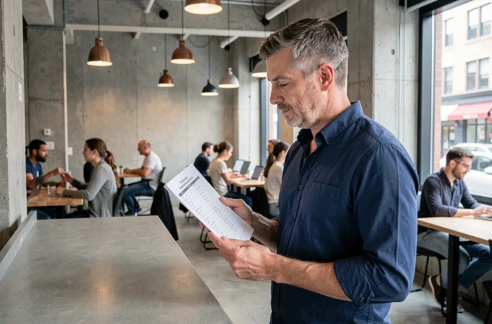 Homme en espace de coworking examinant une liste de métiers freelances pour choisir sa voie professionnelle