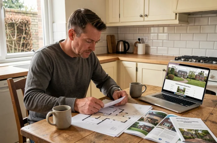 Homme étudiant des plans de maison et une brochure immobilière belge sur une table de cuisine avec un ordinateur portable