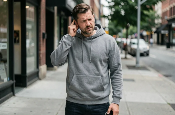 Homme en milieu urbain se tenant l'oreille avec une expression de gêne auditive dans la rue