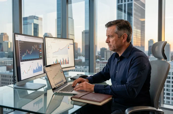 Homme d'affaires gérant ses finances en ligne sur ordinateur dans un bureau moderne avec vue sur la ville