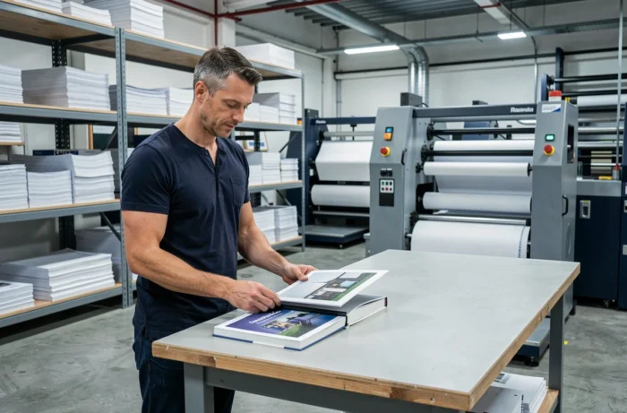 Homme inspectant un livre imprimé dans un atelier d'impression professionnel, représentant la production rapide d'édition en ligne