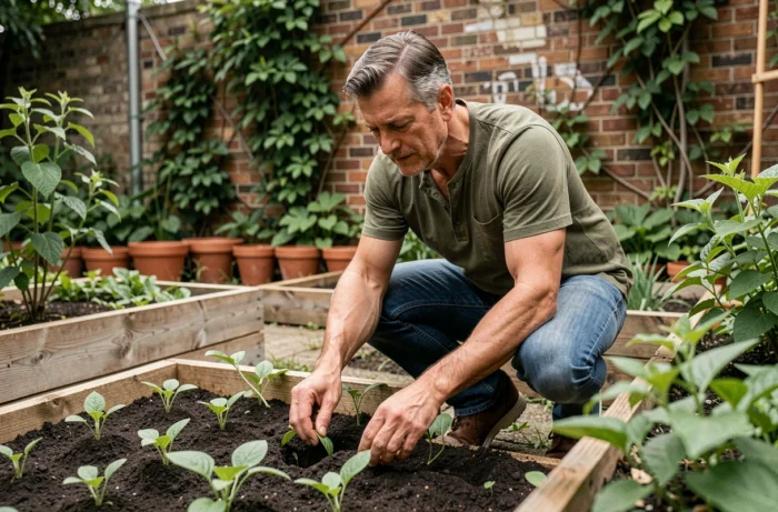 Homme jardenant dans un potager urbain communautaire, transplantant des plants dans un jardin en plein air