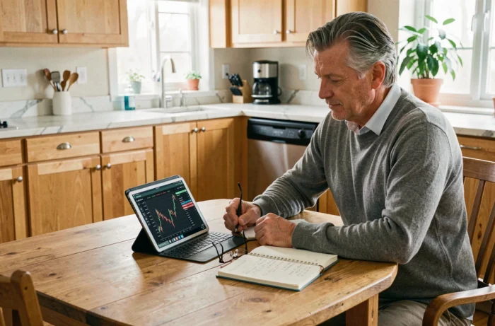 Homme mature consultant des graphiques boursiers sur tablette à domicile pour planifier ses placements financiers
