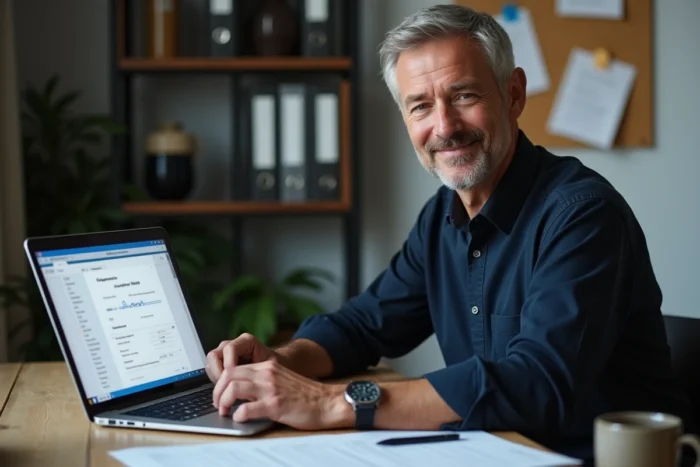 Homme modifiant son RIB sur son espace client Free Mobile depuis un ordinateur portable à domicile