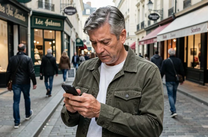 Homme consultant des offres d'emploi locales sur son smartphone dans une rue commerçante d'une ville française