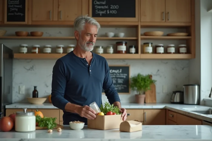 Homme triant ses courses dans une cuisine moderne et bien organisée, illustrant les astuces pratiques pour simplifier la gestion du foyer