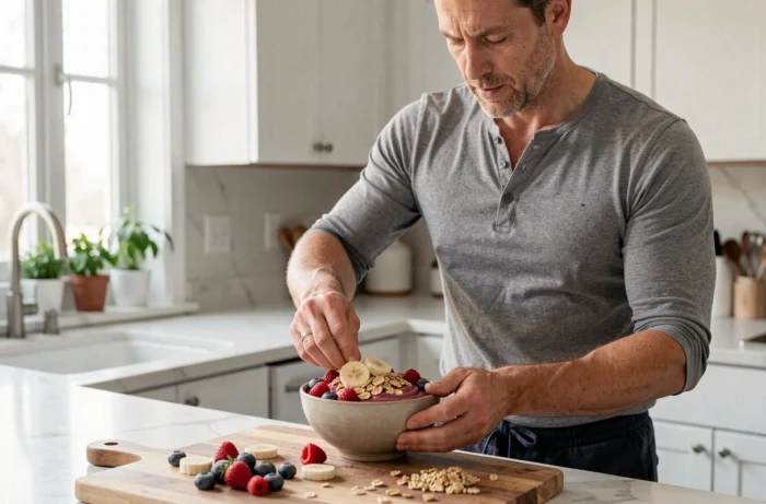 Homme préparant un bol de smoothie sain dans une cuisine moderne, illustrant les conseils nutrition et bien-être