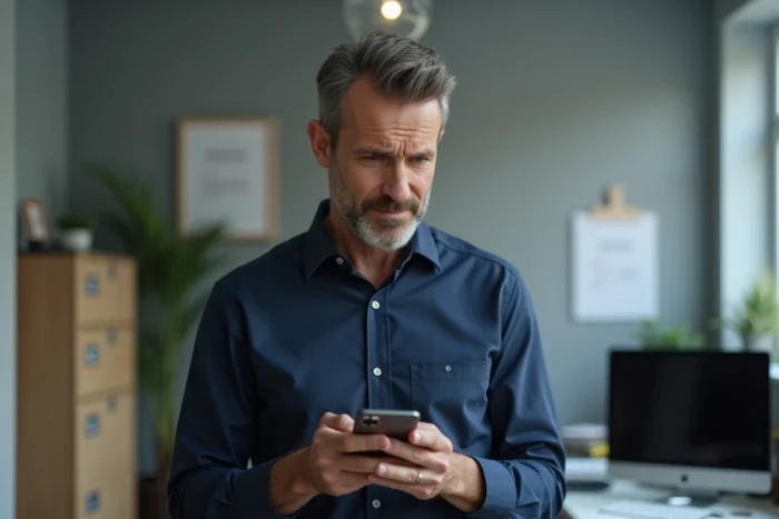 Chef d'entreprise consultant son smartphone pour trouver un annuaire en ligne alternatif
