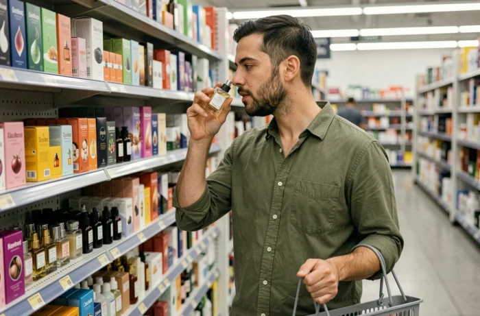 Homme testant un dupe de parfum en rayon dans un magasin discount type Action