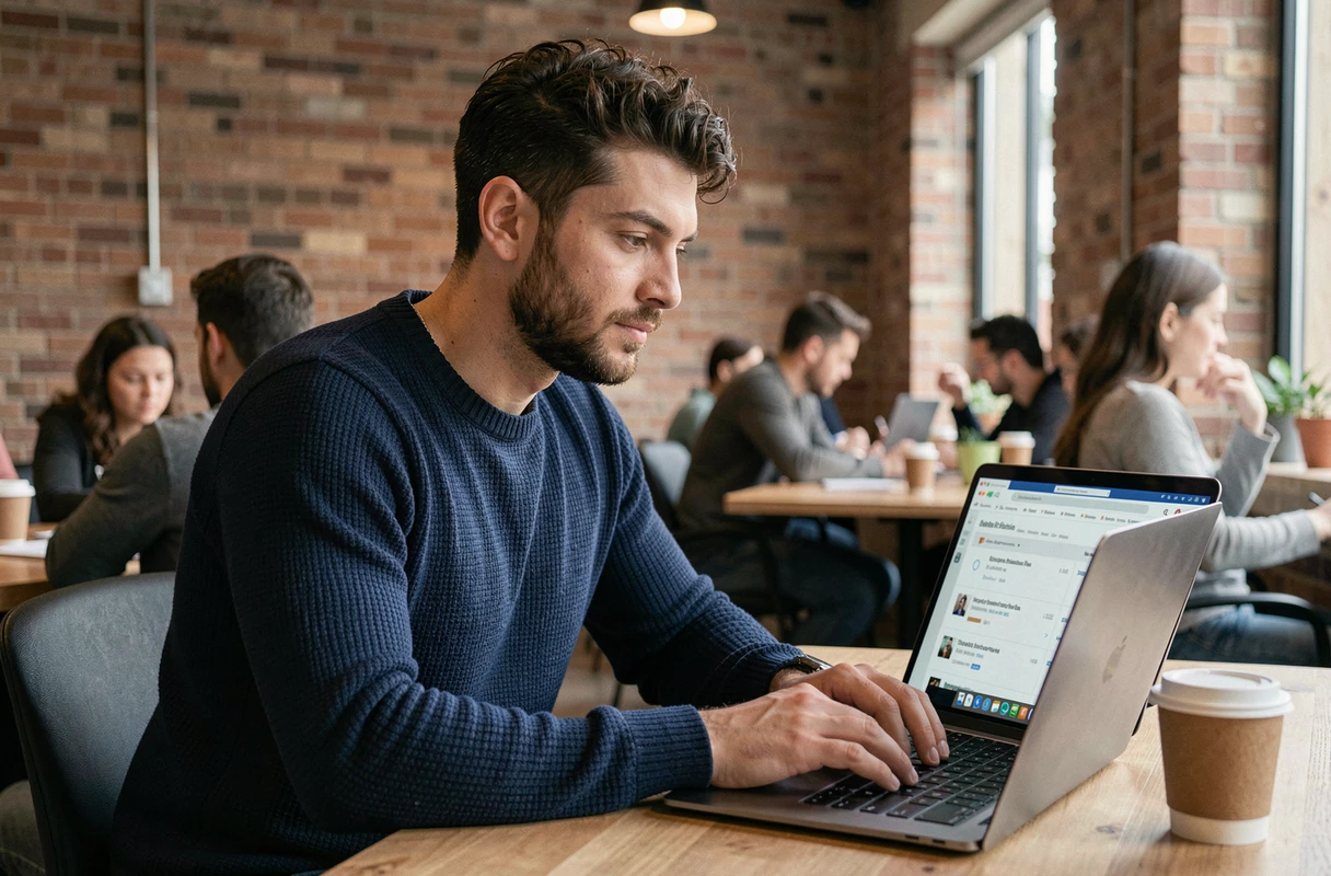 Jeune homme professionnel cherchant un emploi sur un ordinateur portable dans un espace de coworking