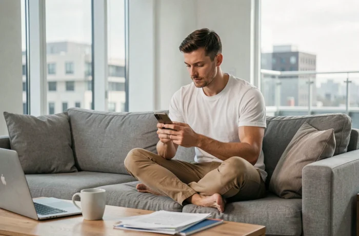 Jeune homme gérant ses revenus en ligne depuis son canapé avec un smartphone et un ordinateur portable, illustrant les astuces pour gagner de l'argent à domicile