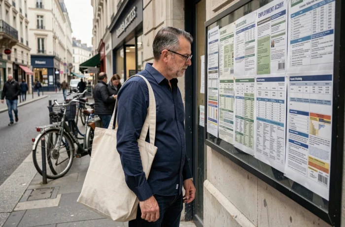 Homme lisant les offres d'emploi affichées sur un tableau extérieur d'une agence pour l'emploi en ville