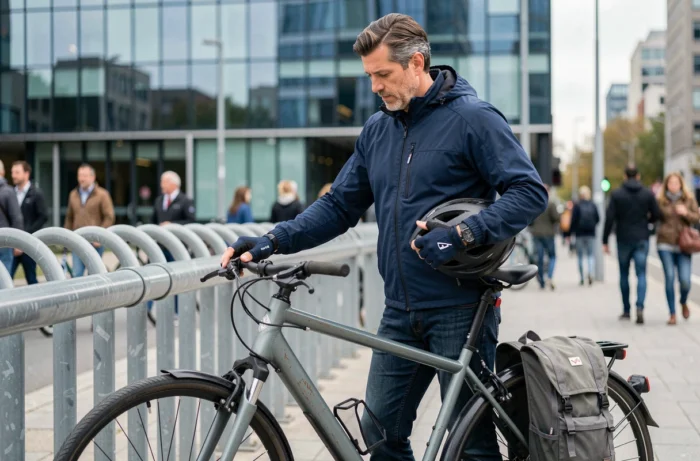 Homme en veste de cyclisme examinant son vélo urbain devant un immeuble de bureaux moderne en ville