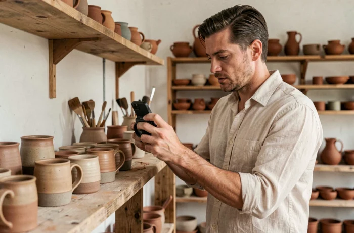 Homme photographiant des objets artisanaux faits main pour les vendre en ligne et gagner un revenu complémentaire