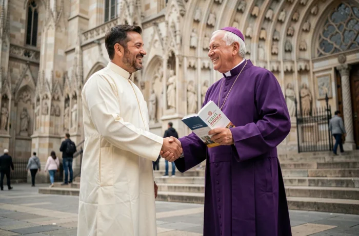 Un imam et un évêque catholique se serrant la main devant une cathédrale lors d'un événement du Parvis des Gentils