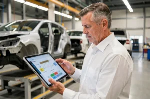 Ingénieur automobile examinant un schéma de chaîne d'approvisionnement étendue sur tablette dans une usine de fabrication