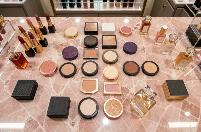 Flat-lay de produits cosmétiques haut de gamme incluant rouges à lèvres et parfums sur surface en quartz rose