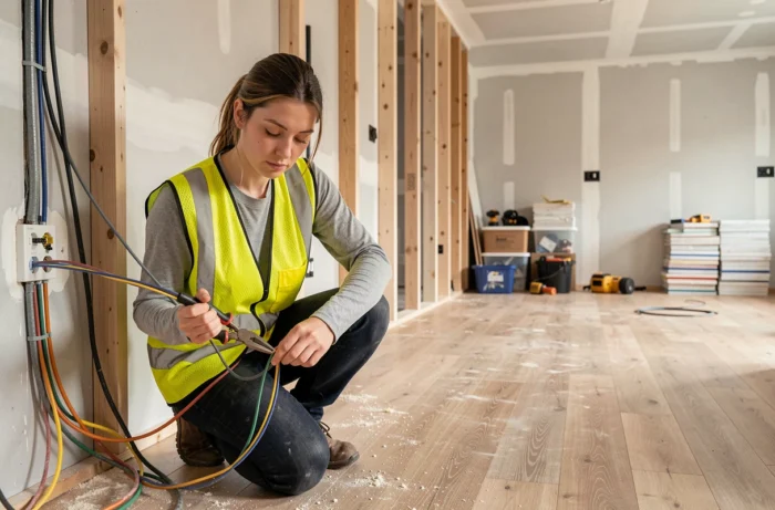 Électricienne effectuant l'installation de prises murales dans une maison en cours de rénovation