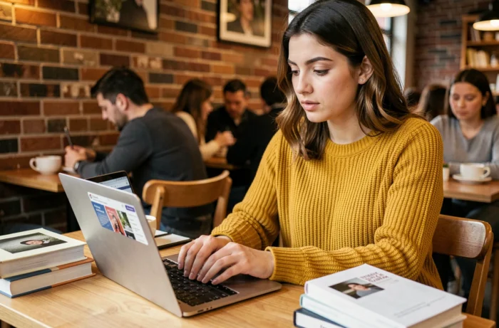Jeune femme commandant l'impression de livres en ligne depuis un café avec un ordinateur portable et des exemplaires imprimés sur la table