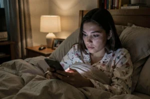 Jeune femme utilisant Snapchat sur son téléphone la nuit dans sa chambre