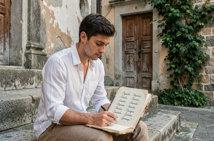 Jeune homme italien écrivant une liste de prénoms bibliques dans un carnet devant une vieille église de village en Italie