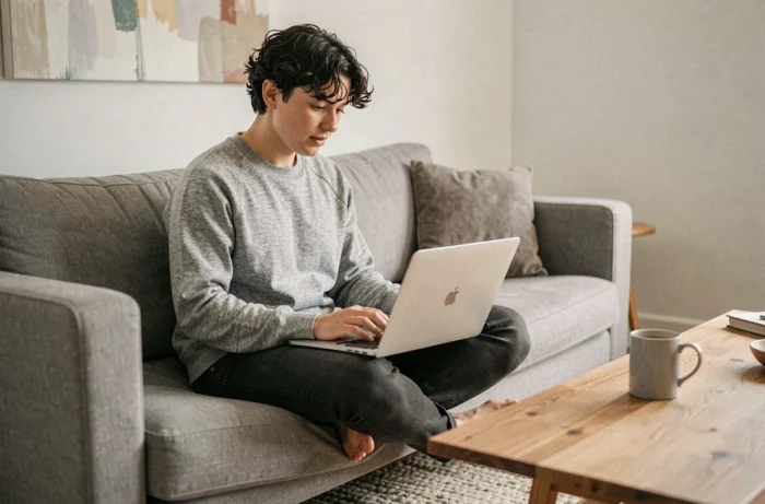Jeune personne sur un canapé avec un ordinateur portable explorant des options de métiers indépendants depuis chez soi