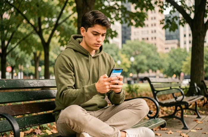 Jeune adulte recherchant des offres d'emploi locales sur smartphone dans un parc urbain