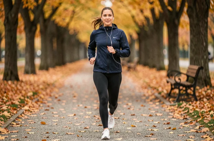 Femme faisant du jogging dans un parc urbain en automne pour améliorer sa santé physique et son bien-être au quotidien