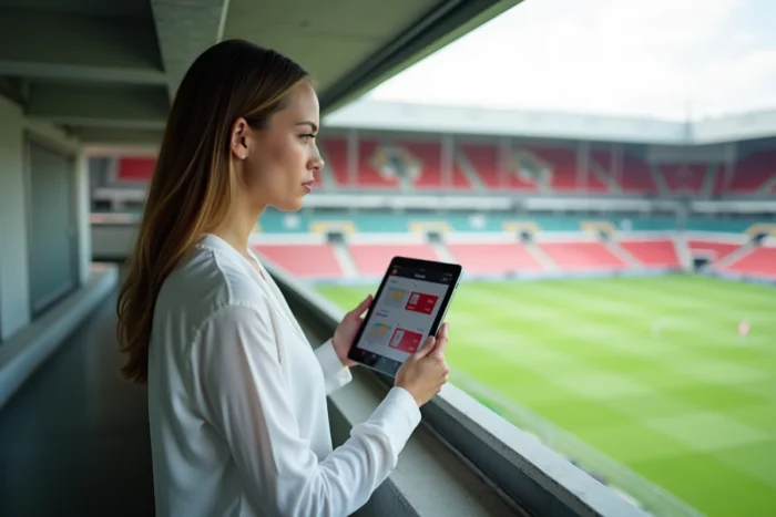 Journaliste sportive consultant l'application ASM Vizu sur tablette dans la tribune presse du stade