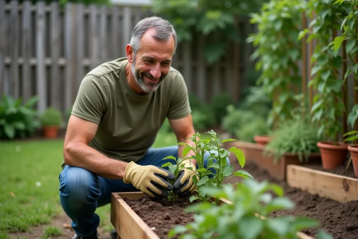 Homme jardinant dans un potager surélevé en bois, activité de loisir en plein air dans le jardin