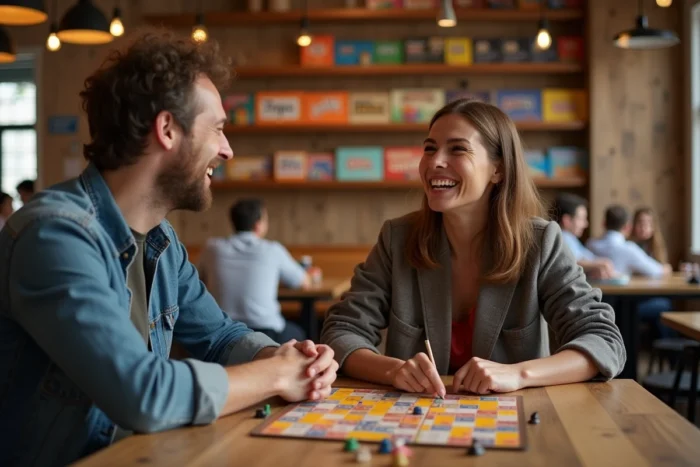 Deux amis jouant à un jeu de société dans un café ludique, idée de loisir convivial entre amis