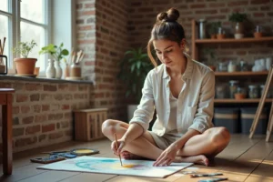 Femme peignant à l'aquarelle dans un atelier créatif à la maison, idée de loisir artistique