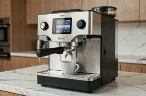 Machine à café automatique Saeco Picobaristo Deluxe sur un plan de travail moderne avec une tasse d'espresso en cours de préparation