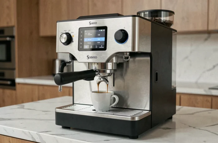 Machine à café automatique Saeco Picobaristo Deluxe sur un plan de travail moderne avec une tasse d'espresso en cours de préparation