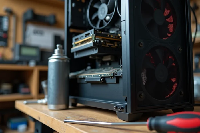 Intérieur d'un PC de bureau ouvert pour maintenance matérielle afin d'améliorer les performances sous Windows Vista