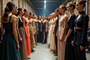Groupe de mannequins en coulisses d'un défilé de mode, vêtues de tenues haute couture variées