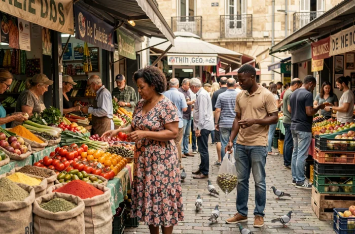Marché animé du quartier de la Paillade à Montpellier, reflet de la diversité culturelle et de la vie communautaire locale