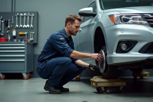 Mécanicien professionnel inspectant les freins d'une voiture dans un garage indépendant bien équipé