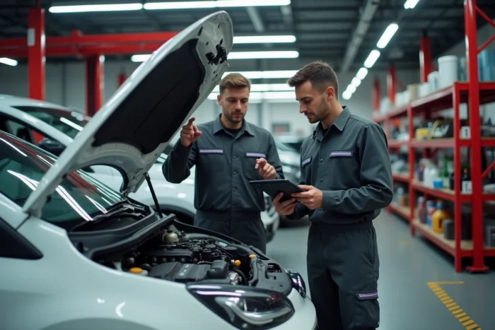 Deux mécaniciens diagnostiquant une panne moteur avec une tablette numérique dans un garage automobile urbain