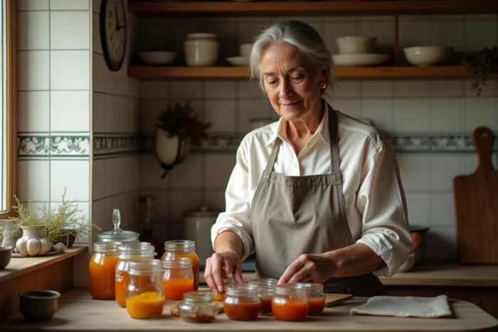 Femme faisant des conserves maison dans une cuisine alpine traditionnelle, symbolisant les valeurs familiales discrètes et le mode de vie authentique